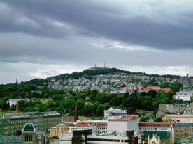 Photo of beautiful view of the old town city of Edinburgh from Calton Hill, United Kingdom.