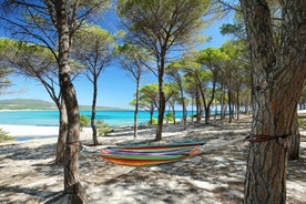 Photo of aerial view of Pittulongu, White Beach in Olbia, blue water, amazing Vegetation and sandy beaches with Tavolara island view, Italy.