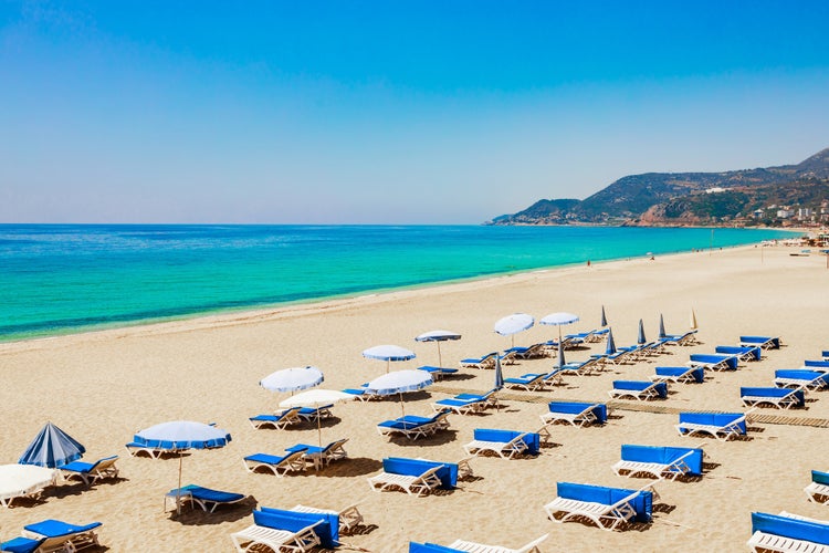 Photo of Cleopatra beach with nice sand and blue sea. Alanya, Antalya, Turkey.