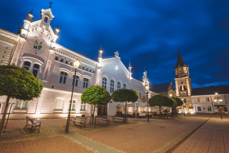 photo of view of Sanok main square at evening. Sanok, Subcarpathia, Poland.