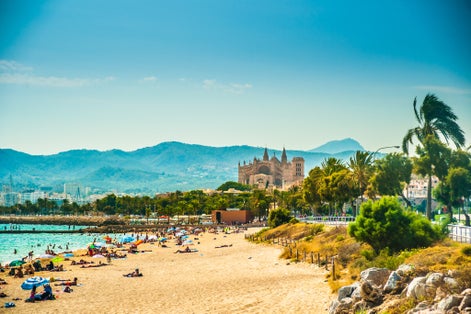 Photo of the beautiful beach of Palma de Mallorca with people lying on sand and the gorgeous cathedral building visible in background.