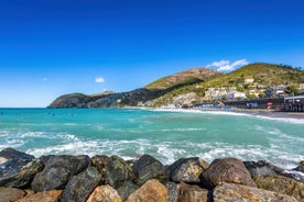 Photo of aerial view of Levanto or Levante, a beautiful fishing village in Liguria, Italy.