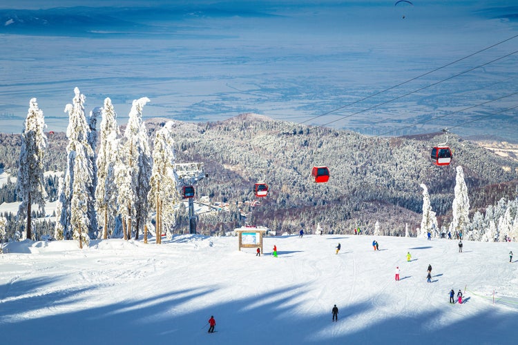 Ski gondolas over the skiers on the ski slope, Poiana Brasov, Romania, Europe