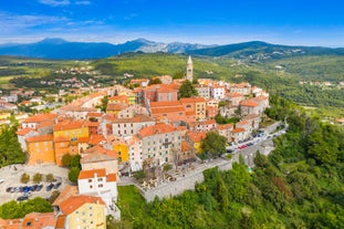 Photo of aerial view of town of Rovinj historic peninsula , famous tourist destination in Istria region of Croatia.