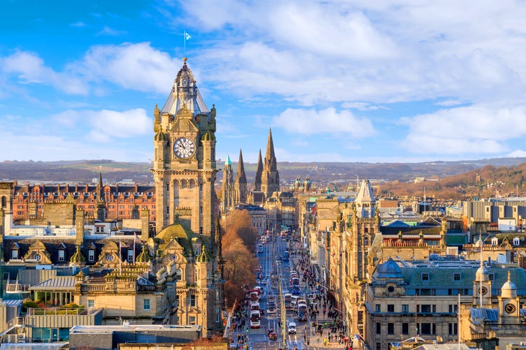 Photo of old town Edinburgh and Edinburgh castle in Scotland UK.