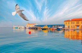 Photo of aerial view of Foca, the beautiful and charming holiday town of Izmir, Turkey.