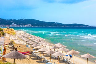 Photo of Ouranoupolis tower in Chalkidiki, Greece on a summer day.