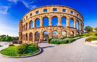 Photo of majestic aerial view of famous European city of Pula and arena of roman time, Istria county, Croatia.