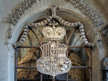 Photo of Schwarzenberg coat-of-arms made with bones in Sedlec ossuary (Kostnice), Kutna Hora, Czech Republic.