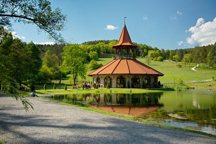 photo of Spa Bojnice, Slovakia, Europe. Tower restaurant in garden park.