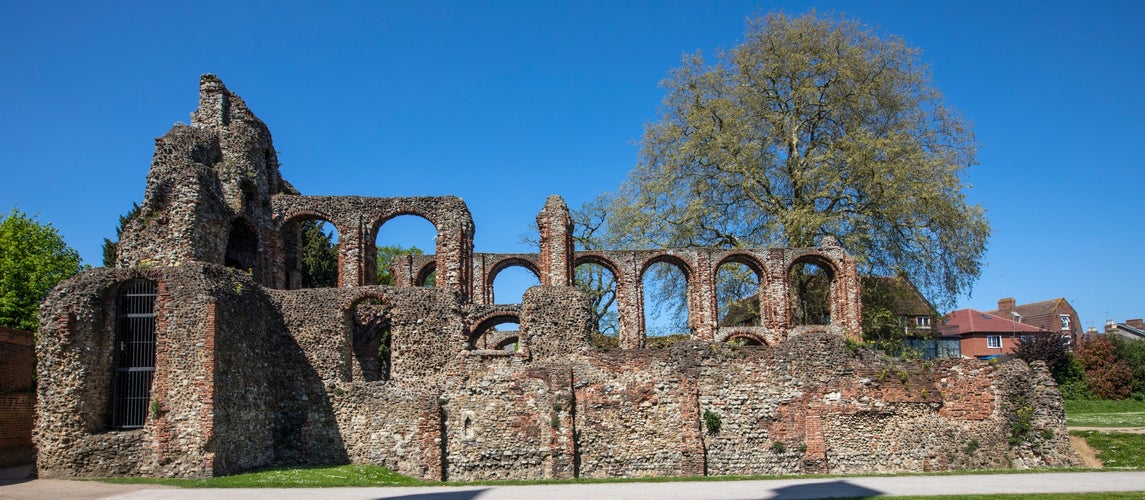 A view of St. Botolphs Priory in the historic market town of Colchester in Essex, UK. The priory was a medieval Augustinian religious covent.