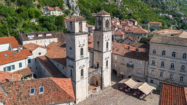 Photo of panoramic aerial view of old town of Budva, Montenegro.