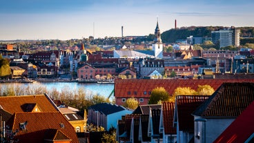 Photo of aerial view above Middelfart, Denmark.