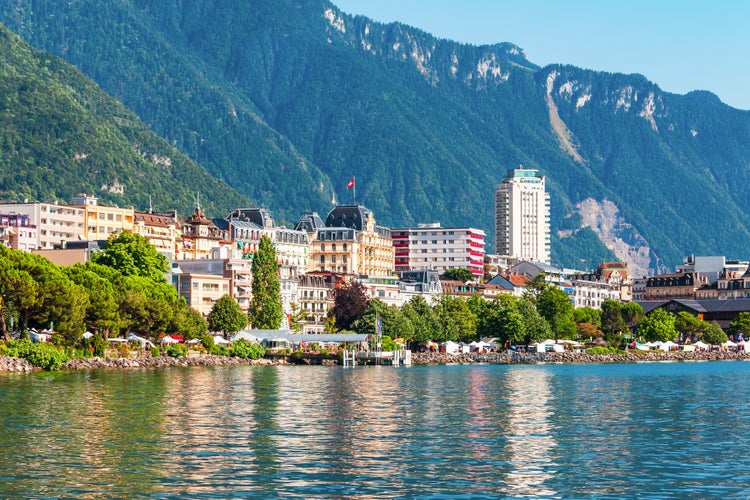 Montreux harbor with yachts and boats panoramic view. Montreux is a town on the Lake Geneva at the foot of the Alps in Switzerland.