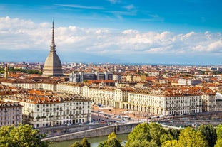 Photo of aerial view of Turin city center with landmark of Mole Antonelliana, Turin ,Italy ,Europe.