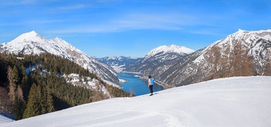 Photo of aerial view of beautiful landscape of Pertisau at the Achensee lake in Austria.