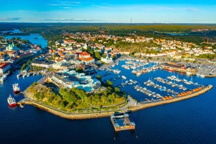 Photo of aerial view of the city of Strömstad located at the northern part of the Swedish west coast.