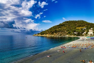 Photo of aerial view of Levanto or Levante, a beautiful fishing village in Liguria, Italy.