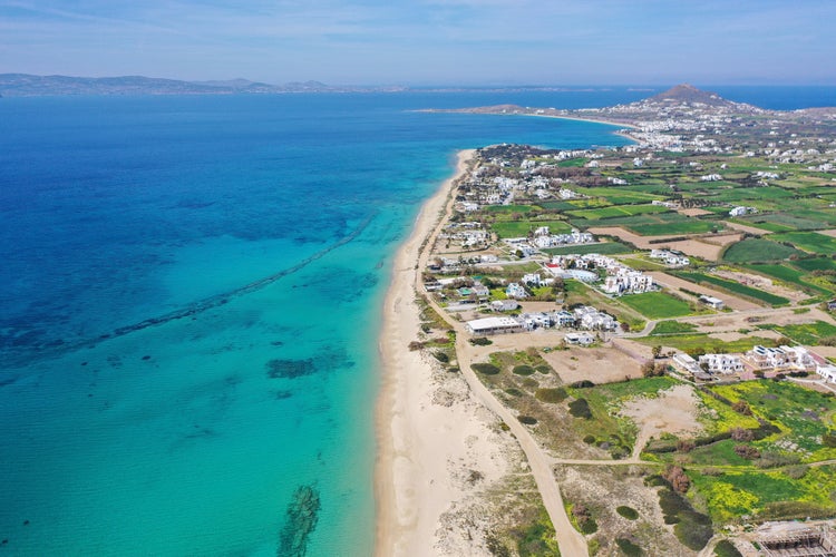 Photo of aerial view of beautiful Plaka beach in Naxos Island, Cyclades, Greece.