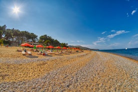 Photo of panoramic aerial view of Skala popular touristic destination in Lesvos island, Aegean sea, Greece.