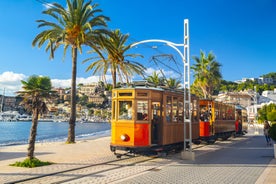 Photo of the famous orange tram runs from Soller to Port de Soller, Mallorca, Spain.