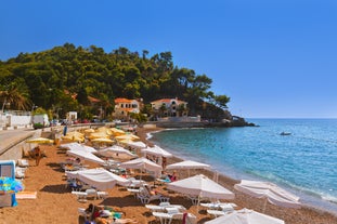 Photo of panoramic aerial view of old town of Budva, Montenegro.