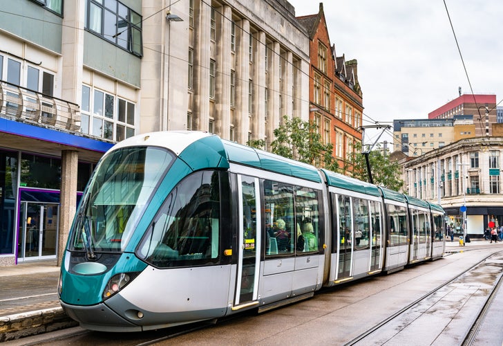 Photo of City tram at Old Market Square in Nottingham - England, UK.