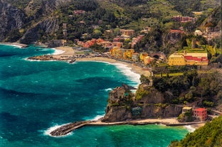 Photo of aerial view of Levanto or Levante, a beautiful fishing village in Liguria, Italy.