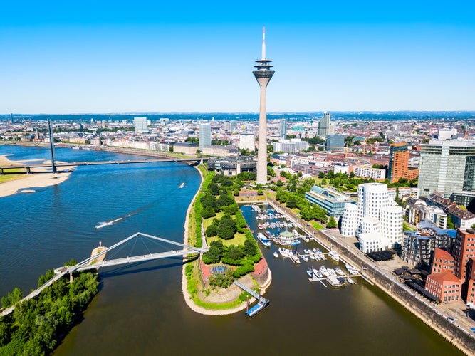 photo of view of Rheinturm and Media Harbour district in Dusseldorf city in Germany