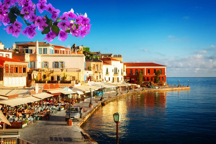 Photo of bay of Chania at sunny summer day, Crete Greece.