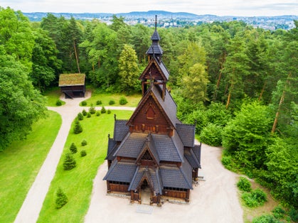 Photo of Reconstructed wooden Gol Stave Church (Gol Stavkyrkje) in Norwegian Museum of Cultural History at Bygdoy peninsula in Oslo, Norway.