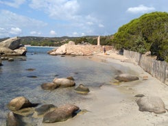 Photo of amazing landscape with wooden pier on Santa Giulia beach, Porto-Vecchio ,France.