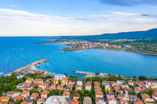 Photo of aerial view of beautiful Bulgarian seaside town Primorsko, Bulgaria.