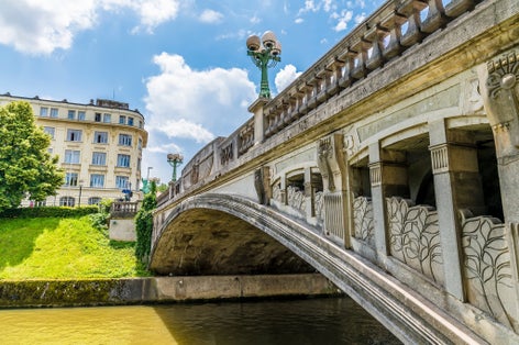 A view underneath the side of the Dragon bridge in Ljubljana, Slovenia in summertime