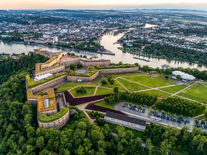 photo of view of Aerial View of Ehrenbreitstein fortress and Koblenz City in Germany during sunset