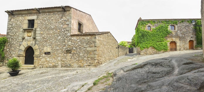 photo of street with Francisco Pizarro Family House in Trujillo, Spain. conquistador who led an expedition that conquered the Inca Empire.