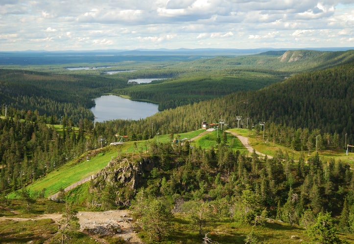 Photo of Kuusamo in the middle of lakes and evergreen forests of Finland.