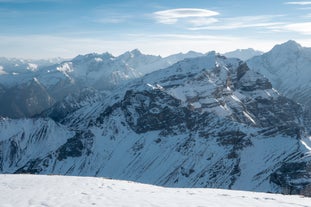 photo of Alpine aerial summer view with the famous Nordkette mountains seen from Serle's cable car station, Mieders, Stubaital valley, Innsbruck, Austria.