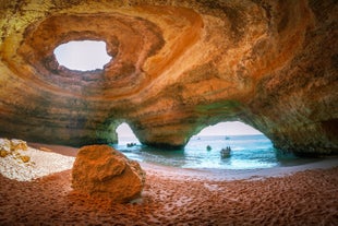 Photo of aerial view of Beautiful Portuguese beaches Armacao de Pera, Portugal.