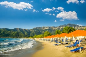 Photo of panoramic aerial view of Skala popular touristic destination in Lesvos island, Aegean sea, Greece.