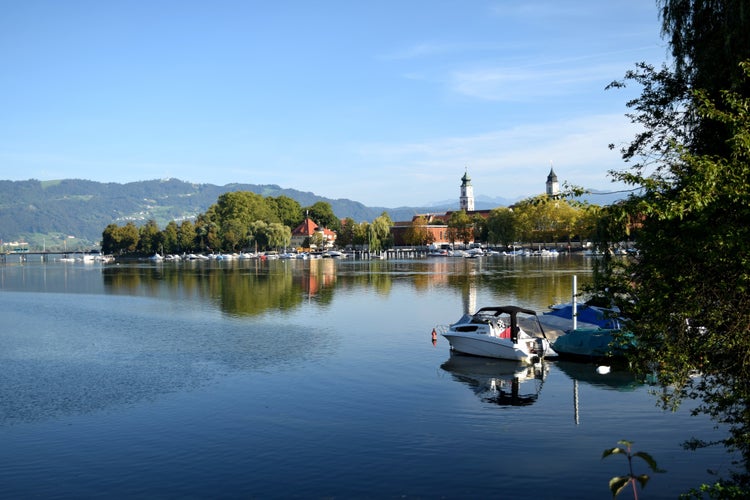 View of the panorama of the town of Lindau on Lake Constance, Bodensee from the water