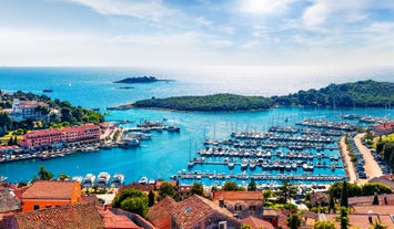 Photo of aerial view of town of Rovinj historic peninsula , famous tourist destination in Istria region of Croatia.