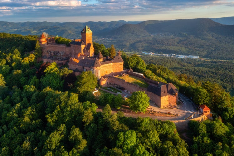 photo of view of Medieval Chateau du Haut-Koenigsbourg castle in Vosges mountains by Selestat is one of the main historical landmarks in Alsace, France.