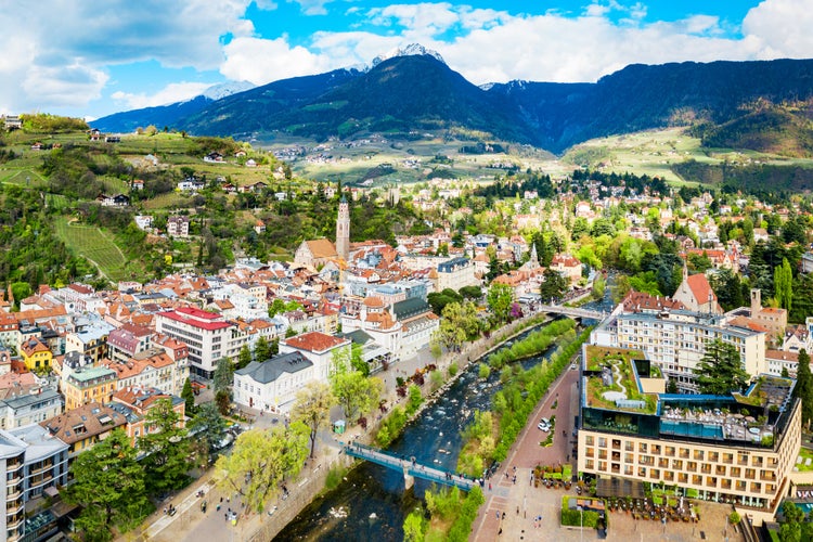 Merano city centre aerial panoramic view. Merano or Meran is a town in South Tyrol in northern Italy.