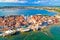 Photo of aerial view of town of Umag historic coastline architecture , archipelago of Istria region, Croatia.