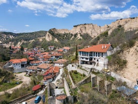 Photo of aerial view of Bankya that is a small town located on the outskirts of Sofia in western Bulgaria.