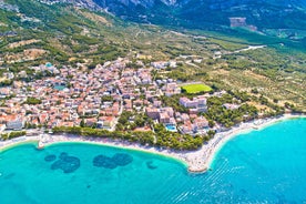 Photo of aerial view of gorgeous azure scene of summer Croatian landscape in Podgora, Dalmatia, Croatia.