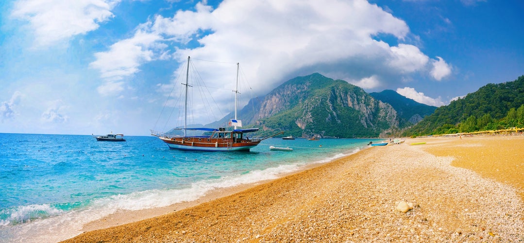 Photo of beautiful panoramic view of sea and beach Cirali, Kemer, Antalya, Turkey. 