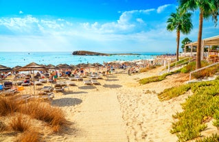 Photo of panoramic aerial view of Kalamis beach and bay in the city of Protaras, Cyprus.