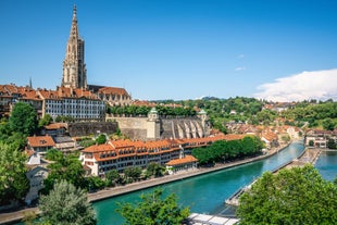 Bern, Switzerland. View of the old city center and Nydeggbrucke bridge over river Aare.